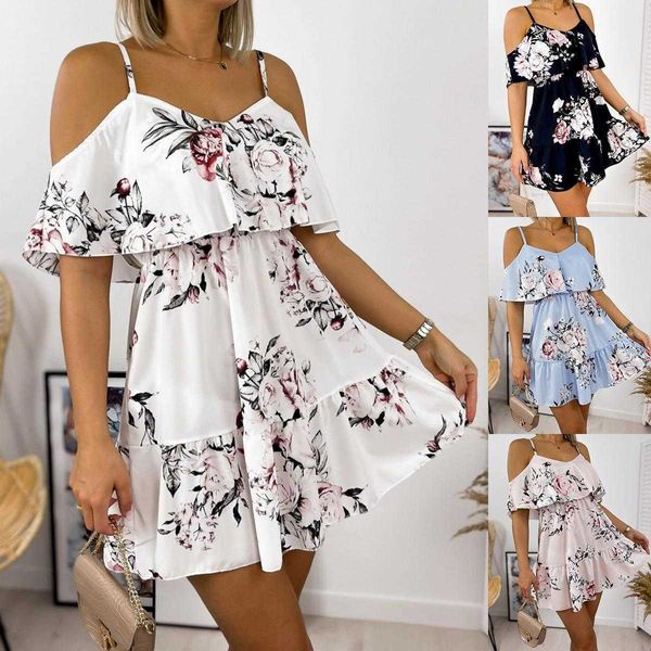 

summer printed dress v neck patchwork cold shoulder suspender, Black;gray