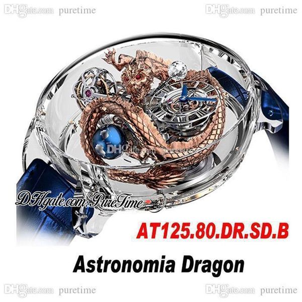 

astronomia tourbillon 18k rose gold dragon swiss quartz mens watch pave piece unique fully transparent glass 3d engraving blue lea306b, Slivery;brown