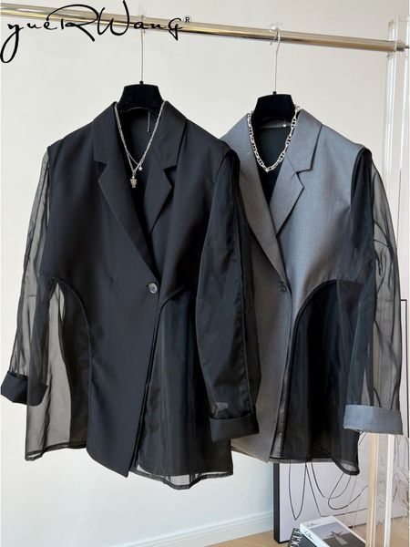 

pants yuerwang women blazer mesh spliced single button long sleeve ladies black suit coat fashion irregular ladies suit jacket 2022, White