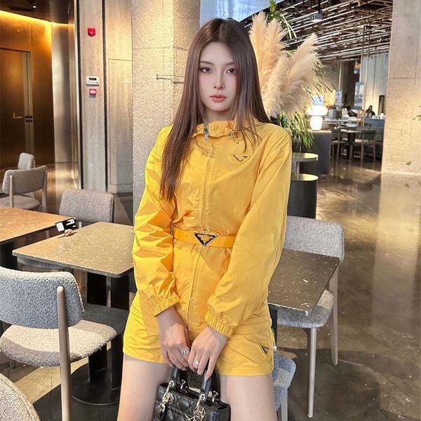 

34% off early spring new belt waist hooded windbreaker coat shorts family triangle casual fashion set women, White