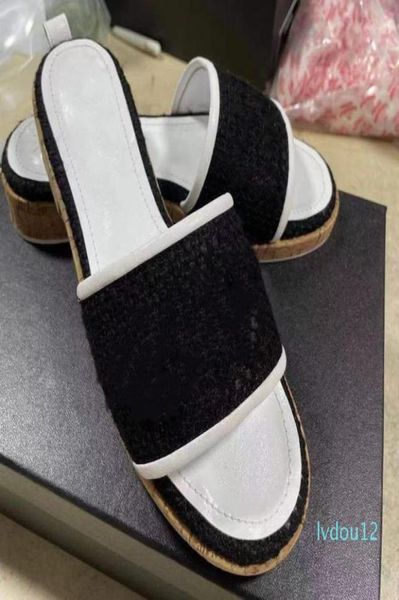 

designer summer women high heels leather platform mules sandals slippers with tweed pearl green pink yellow size 35411520875, Black