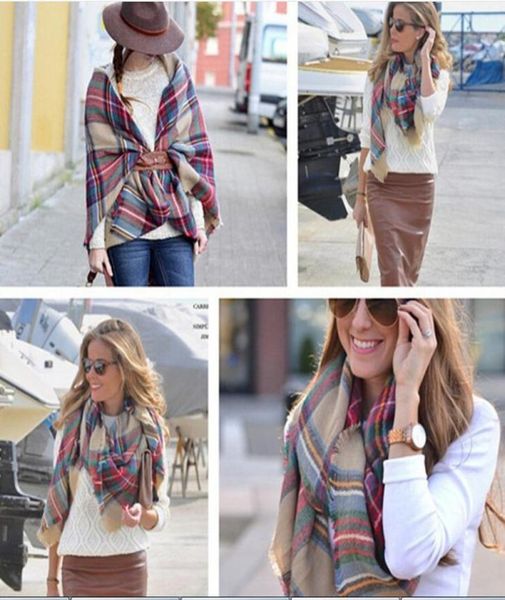 

lady fashion plaid scarf grid tassel wrap oversized check shawl tartan cashmere scarves women winter large neckerchief lattice bla8441655, Blue;gray