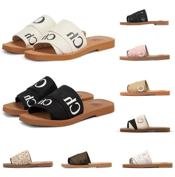 

designer woody sandals for women mules flat slides light tan beige white black pink lace lettering fabric canvas slippers womens s2432374