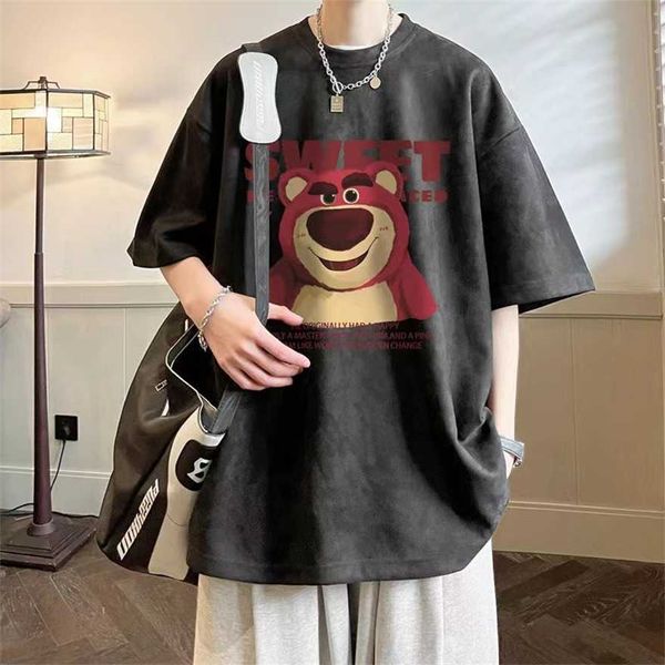 

34% off chao suede half oversize strawberry bear short sleeve men's american street couple t-shirt, White;black