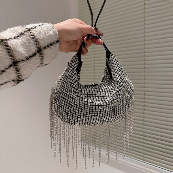 

alex womens tassel shimmer rhinestone hobo bags with tassel glitter diamante clutch handbags large capacity underarm halfmoon blingbling pur