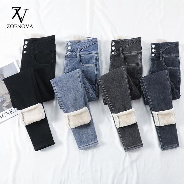 

jeans zoenova zv winter warm jeans woman 2021 high waist skinny casual velvet ladies trousers denim pants streetwear vintage clothing, Blue
