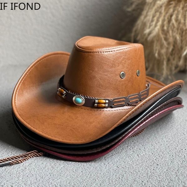 

wide brim hats bucket faux leather western cowboy for women men vintage gentleman dress panama cowgirl jazz cap sombrero hombre 230421, Blue;gray