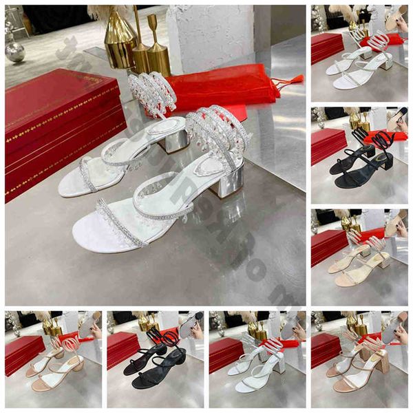 

2022 sandals snake twining chunky heels elegant sandal 4cm 7cm stiletto high heel rene caovilla crystal gold rhinestone dress shoes silver s, Black