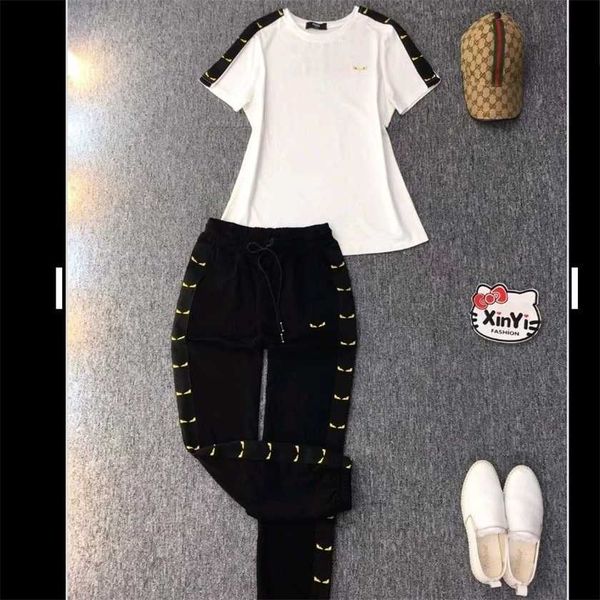 

26% off summer new european and american cotton round neck short sleeve elastic waist long pants slim sports women's set, Gray