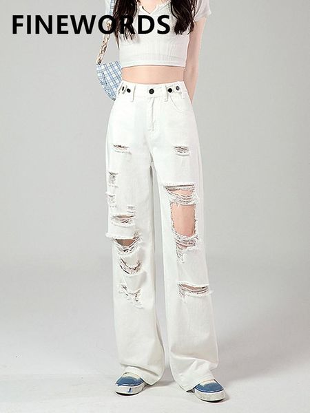 

jeans finewords 2022 vintage casual wide leg ripped white jeans women korean high waist jeans washed full length loose straight jeans, Blue