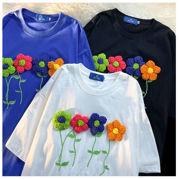

women's t-shirt t-shirts women summer korean sweet flower cotton casual short o-neck loose girls tees ladylike 230421, White
