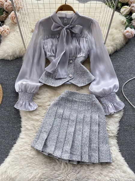 

two piece dress autumn fashion tweed sets elegant bow bandage see through lantern sleeve blouse high waist pleated skirts two-piece suit 230, White