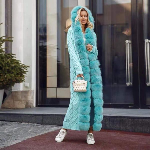 

fur fox fur cashmere cardigan women knitted long hooded sweater cardigan female autumn winter warm cardigan with fur 3xl 4xl 5xl 6xl, Black