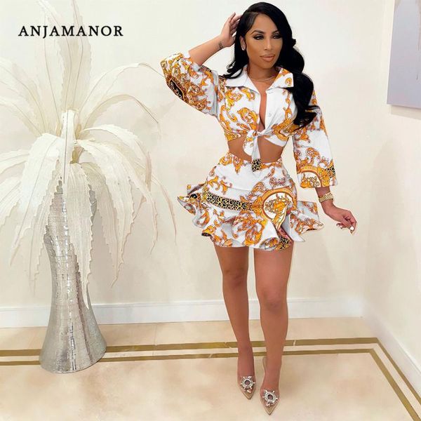 

dress anjamanor short dress sets fall fashion print blouses shirts ruffles skirt 2 piece matching set club outfit d29dg53, White