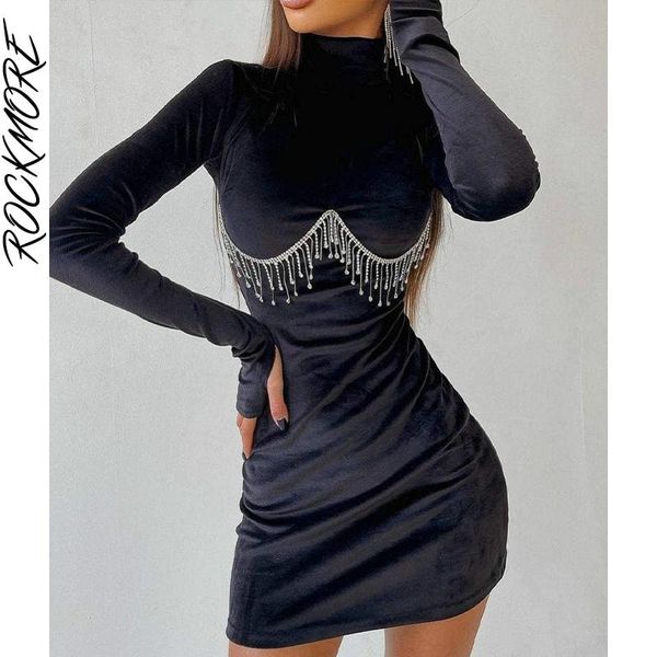 

dresses rockmore elegant tassel mini dress women velvet bodycon party dresses streetwear lady skinny long sleeve dress fashion, Black;gray