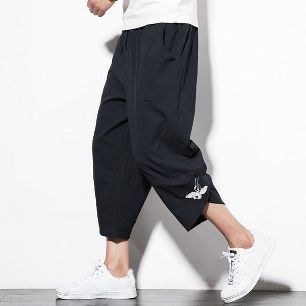 

pants #2507 summer chinese style retro men cotton linen harem pants plus size crane embroidery calflength loose linen trousers m5xl, Black