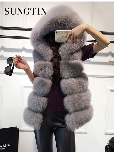 

fur sungtin 6 color soft thick warm vest hoodie female black faux fox fur mink sleeveless hooded coat women winter 2022