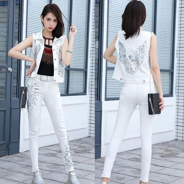 

pants streetwear denim suit female2022 spring summer new white jeans elastic sequined flower vest waistcoat+trousers tide high quality