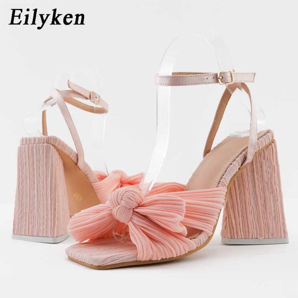 

fashion pleated butterfly-knot womens sandals gladiator square toe buckle strap triangle high heels dress ladies shoes 230306, Black