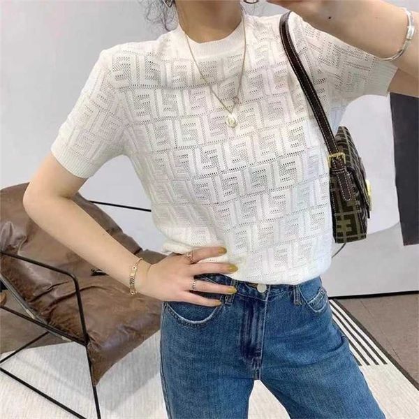 

26% off clothing designer quality summer new vintage letter ice silk short sleeve knitwear women's loose hollow out t-shirt trendy embo, White;black