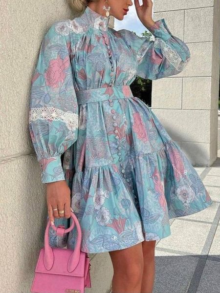 

dresses 2022 autumn new woman elegant lace up print dress fashion puff sleeve stand collar retro dresses female party clothing, Black;gray