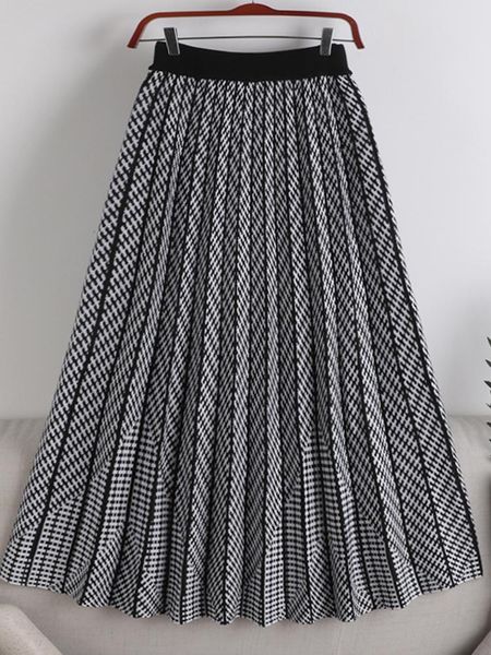 

dresses tigena 2022 fall winter warm knitted midi long skirt women vintage print a line high waist pleated midlength skirt female lady, White;black
