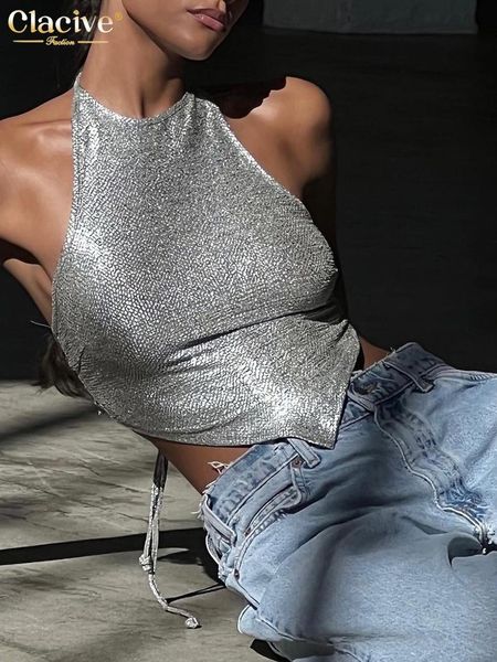 

tanks clacive slim silver crop women bodycon sleeveless backless laceup tank lady elegant party female clothes 2022, Black;white