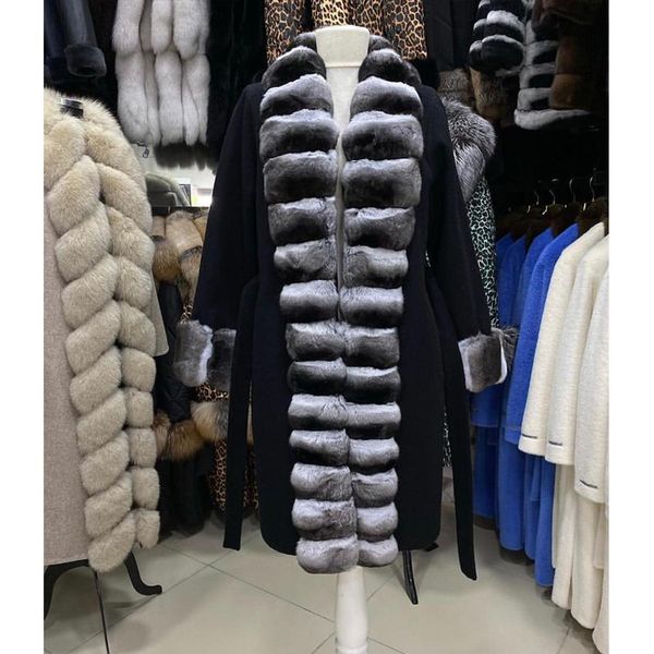 

fur winter coat wool jacket long women's woolen real rex rabbit fur collar cuffs cashmere winter jacket ladies fur coat, Black