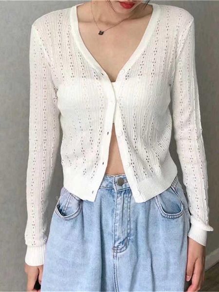 

shirts puwd elegant girls hollowed slim knitted shirts 2022 summer fashion ladies v neck cotton knitwear women chic streetwear, White