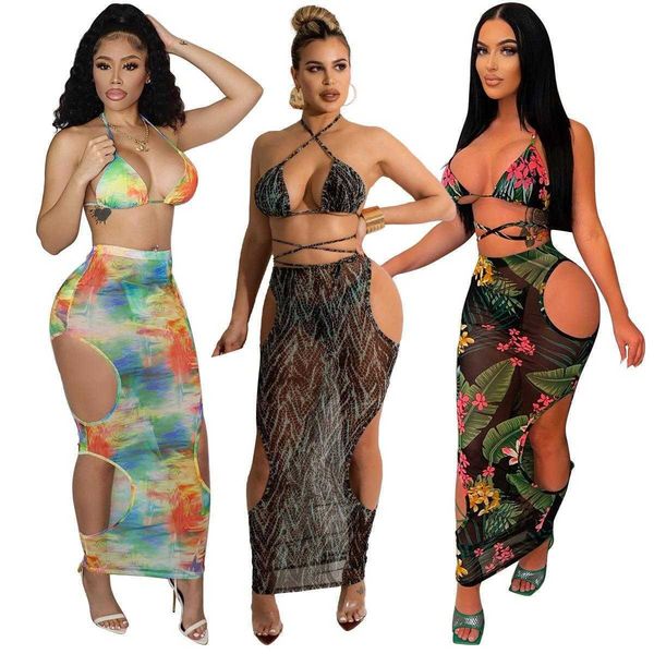 

womens summer dresses hollow out printed beach bikini skirt suit, White