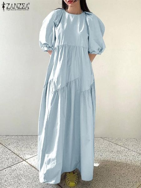 

dresses 2022 summer half puff sleeve sundress women casual o neck smocking vestidos zanzea vintage loose solid kaftan oversize club robe, Black;gray