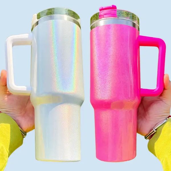 

40oz glitter blank sublimation tumblers shimmer holographic rainbow insulated mug with handle for print stainless steel thermos water bottle