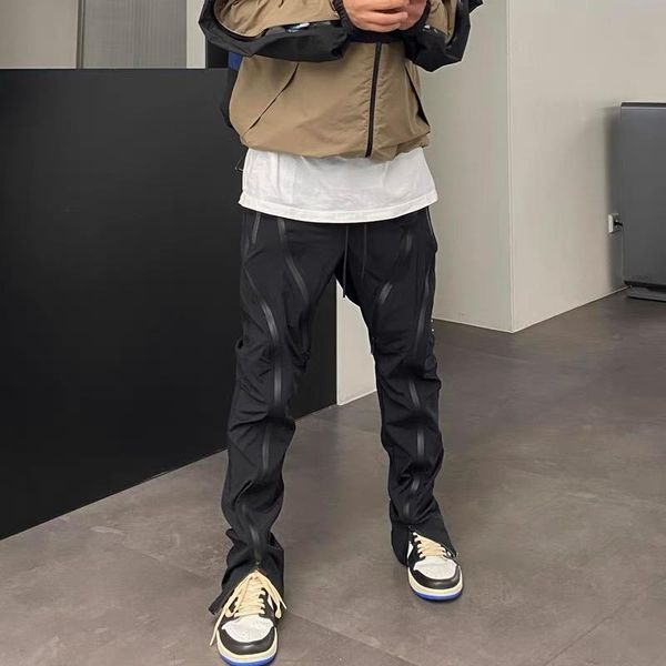 

pants high street multi zipper drawstring mens vibe style overalls straight oversized casual baggy cargo pants waterproof trousers, Black