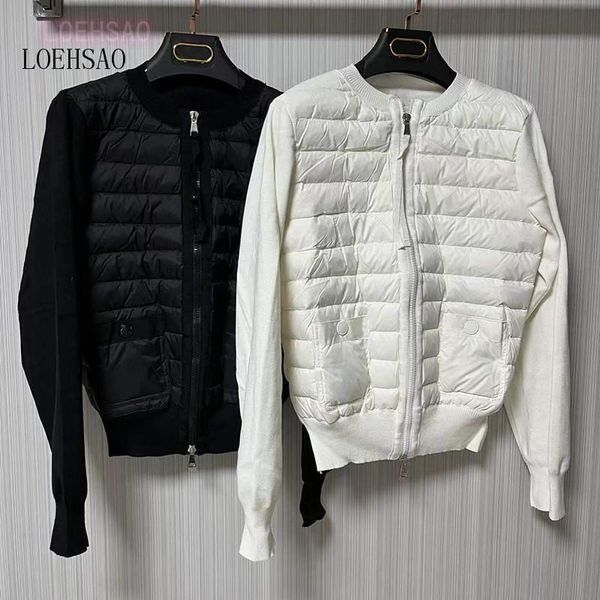 

parkas loehsao 2022 new women down jacket spring and autumn short lightweight round neck knitted stitching ladies black and white coat