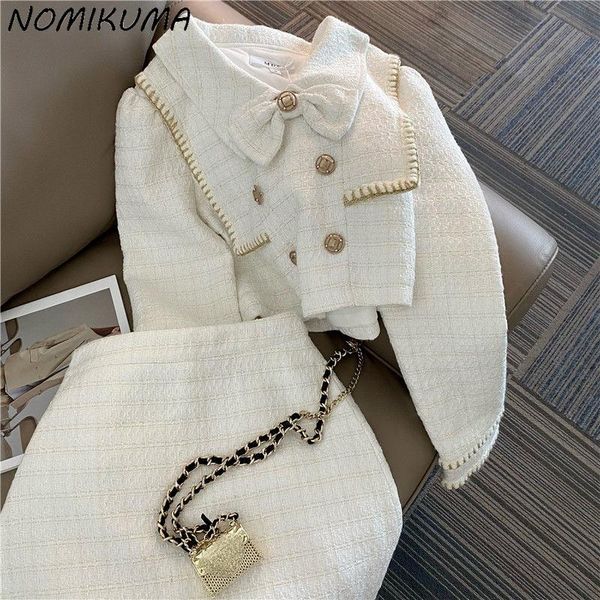 

dress nomikuma nieuwe mode vrouwen rok sets 2021 herfst chic strik korte jas + hoge taille alijn mini rok koreaanse outfits 6n643, White