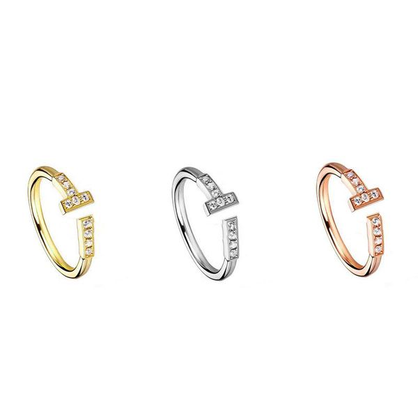 

double t-shape band rings opening 925 sterling silver diamond ring fashion classic gold silver rose woman luxury jewelry