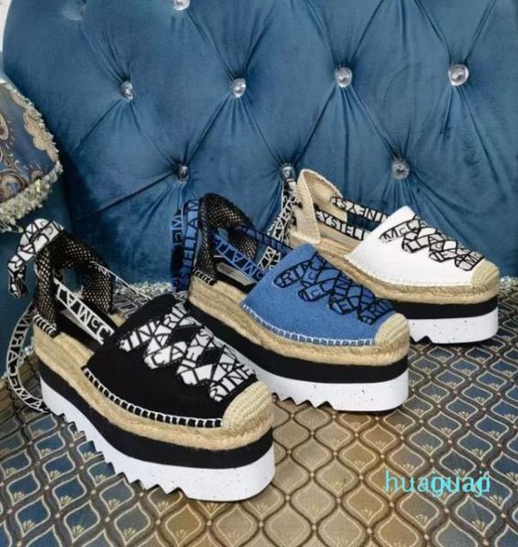 

gaia platform espadrilles stella mccartney sandals 8cm increasing fashion wedge denim summer shoes 8883679823, Black