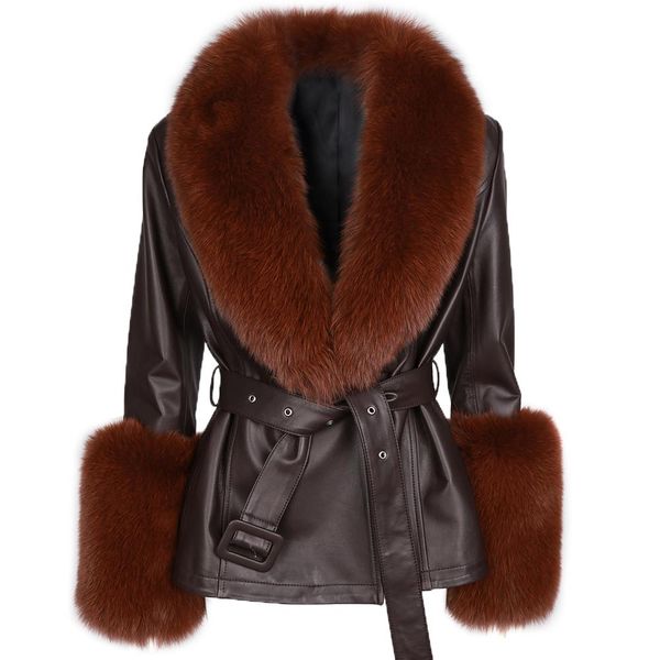 

jackets yoloagain removable fox fur collar real leather jacket women autumn new outerwear, Black;brown
