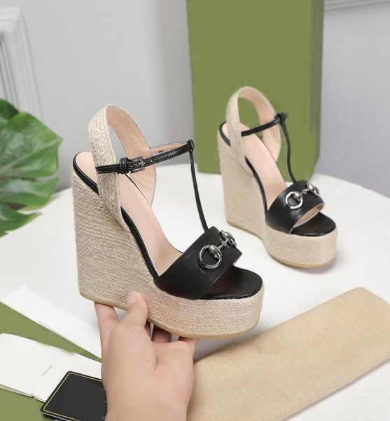 

13cm heels women straw shoe big size wedge sandals open toe gold color shoes fashion buckle sandal bottom pumps lady size 35416597250, Black