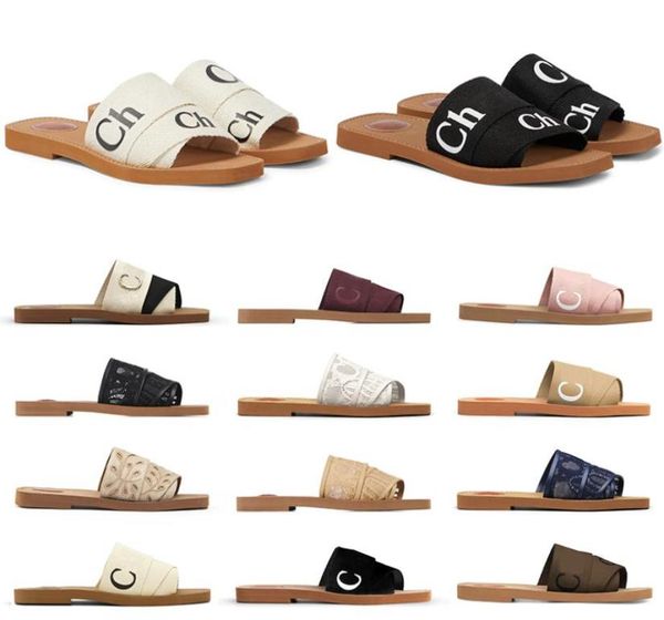 

2023 designer sandals for women mules flat slides light tan beige white black lace lettering fabric canvas slippers womens summer 5094069