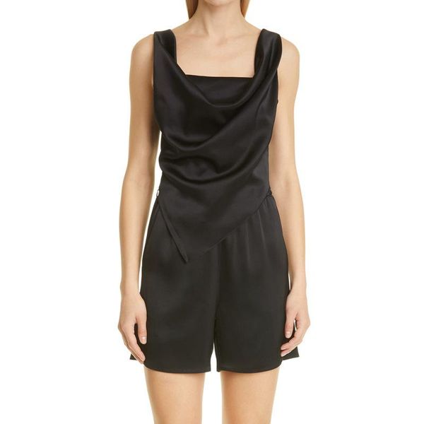 

tanks 2021 summer women's asymmetrical hem vest lady satin pleated square neck tank backless solid color female camis, Black;white