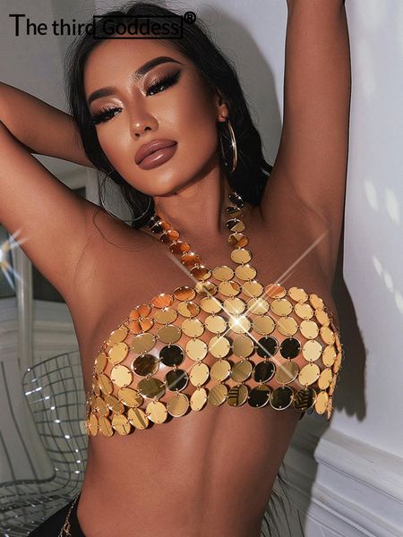 

t-shirt halter sequin club party women 2022 summer vintage clothes backless corset crop rave festival clothing tank hl, White