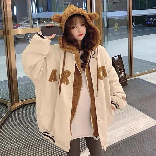 

leather autumn winter lamb velvet fleece thickening baseball jacket lady new korean version of the loose student hooded cotton coat tide, Black