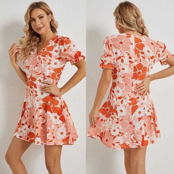 

womens chiffon dress summer v neck printed casual dresses short skirt, Black;gray
