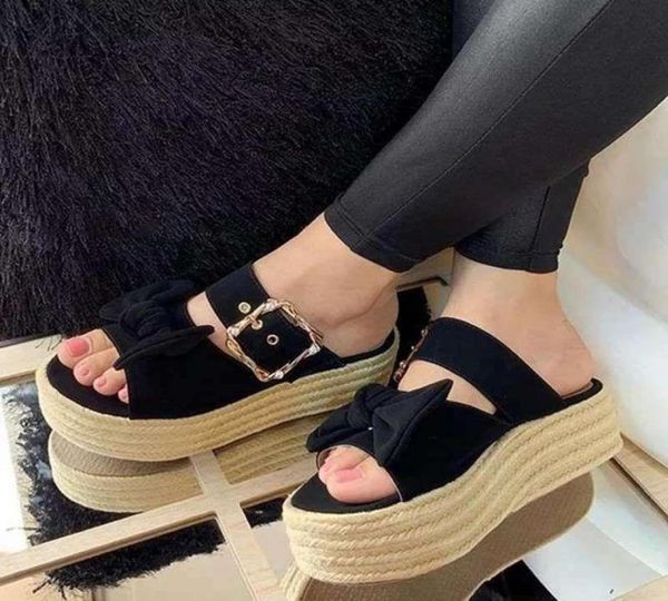 

sandals 2022 summer girls buckle platform rope large bow slipper wedges shoes for women9340881, Black