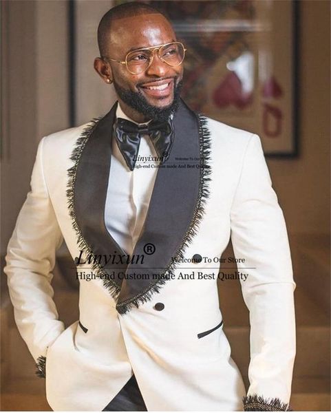 

blazers costume homme ivory men suits slim fit black shawl lapel burr wedding groom tuxedo terno masculino blazer 2 pieces (jacket+pant), White;black