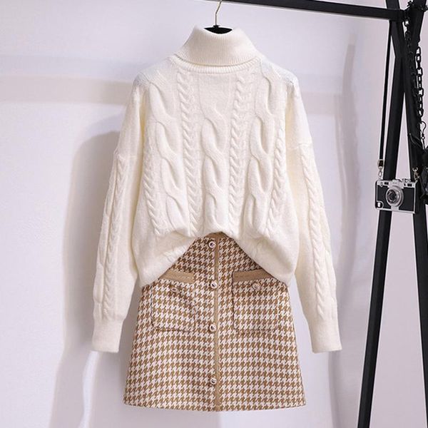 

dress thick turtleneck long sleeve pullover sweater suits women new twist lazy fresh houndstooth skirt two piece set autumn winter, White