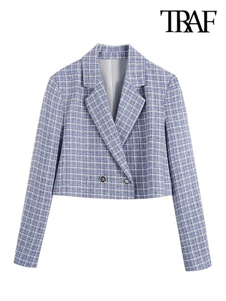 

pants traf women fashion double breasted tweed cropped blazer coat vintage long sleeve female outerwear chic veste femme, White