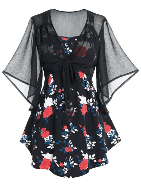 

tanks tank 2 piece sets for women sheer mesh butterfly sleeve blouse and floral print scoop neck tank twinset vest, Black;white
