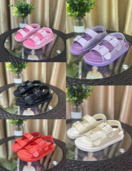 

designer women mini double rubber sandals slides hook loop flat mule platform shoes adjustable buckle shoe box3709421, Black